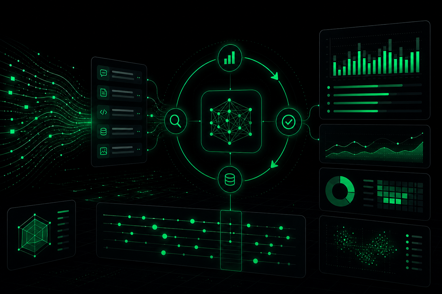 LLM evaluation metrics and observability dashboard concept
